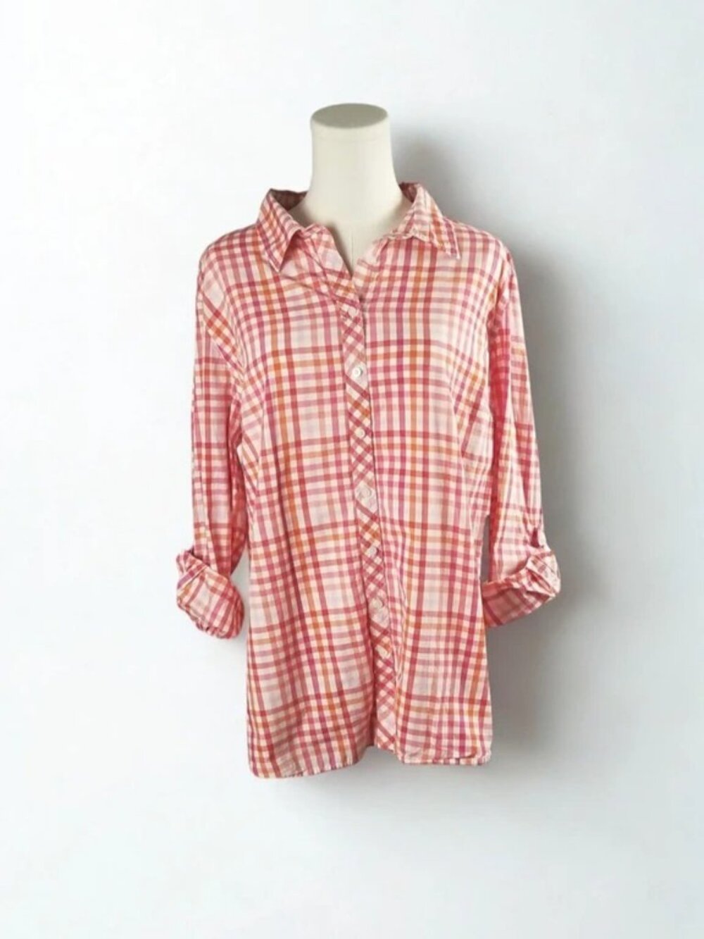 Talbots Womens XL Petite Button Down Shirt Pink Orange Gingham Plaid Cotton